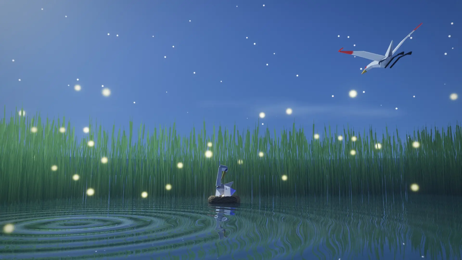 Fireflies over the nest at night